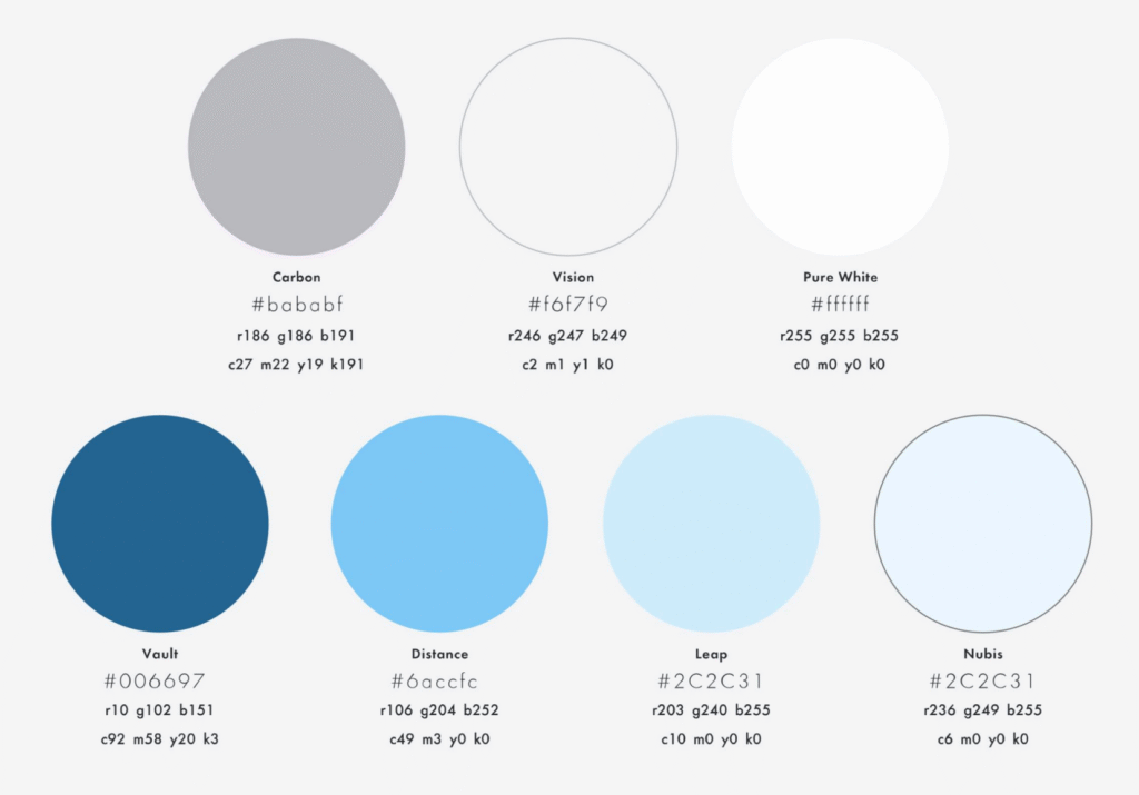 A color palette with hex, RGB, and CMYK codes for eight shades.