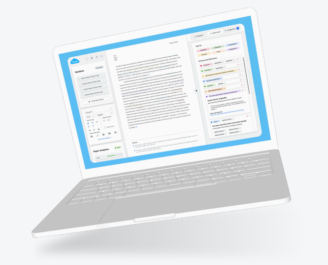 A laptop displaying a text editor with code and document content.
