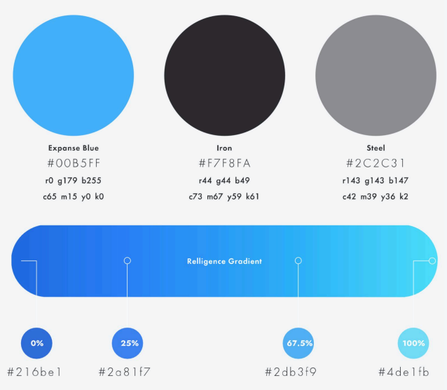 A color palette featuring blue, black, and gray with hex and RGB codes.