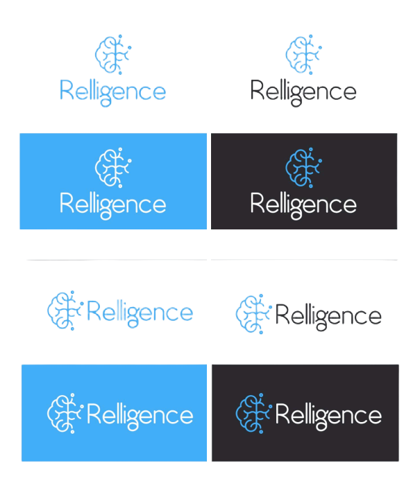 Various logo designs for 'Religence' in blue and black themes.