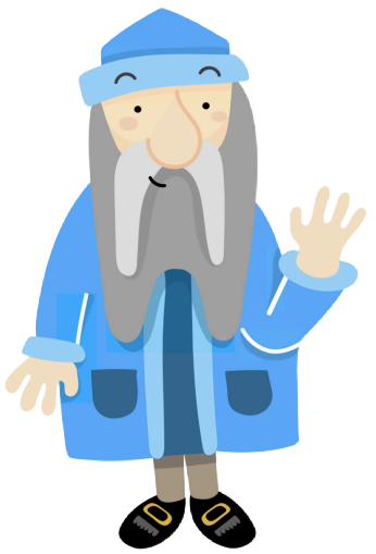 Cartoon wizard with a long beard waving.